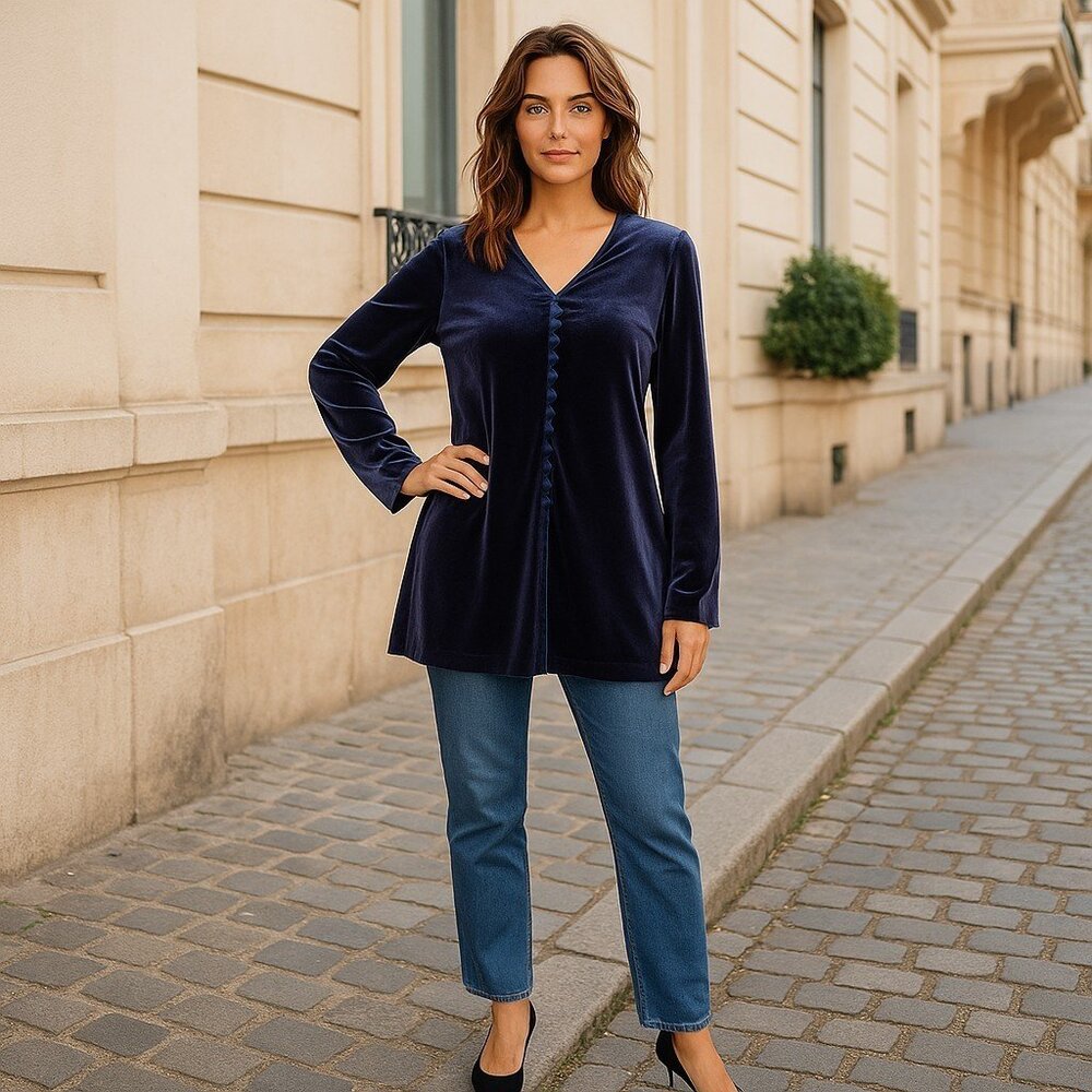 Vintage Nina Piccalino Tunic Top Women's 14 Navy Blue Velvet Shoulder Pads USA